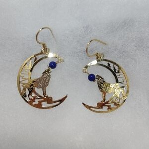 Wild Bryde 14K Gold Filled Howling Wolf Moon Earrings Blue Bead Wildlife Nature